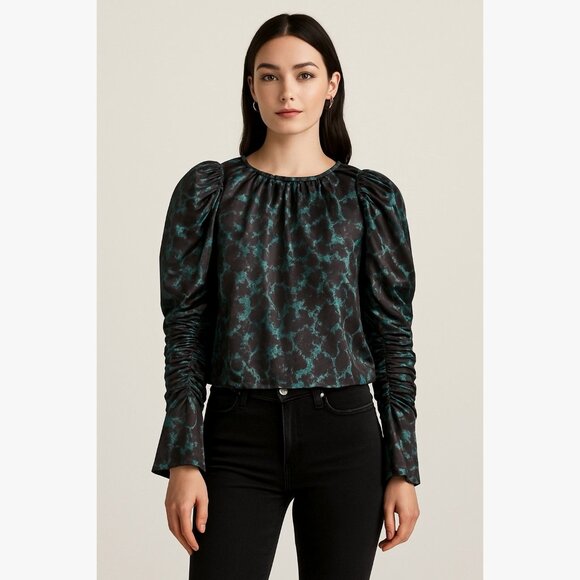 Topshop Tops - Topshop Womens Black Teal Floral Metallic Puff Sleeve Top Size 6 Gothic Romantic